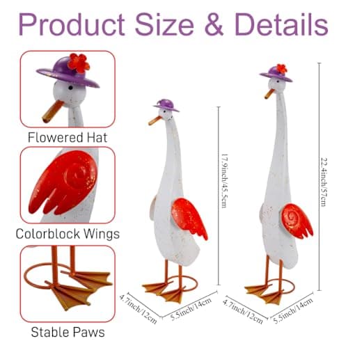 The Aura Collective 22" Duck Garden Statue Set of 2 Metal Ducks, Duck Outdoor Decor with Stakes Animal Yard Art Sculptures for Patio Porch Lawn Backyard White - Thumbnail 2