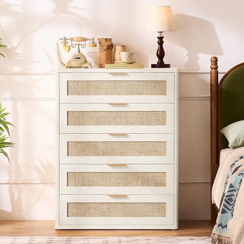 LEYAOYAO Rattan Dresser for Bedroom, 41" Tall Dressers Chest of Drawers, Boho Small Dressers with 5 Drawers, Grey White Dresser Wooden Closet Organizer for Living Room, Hallway - Thumbnail 6