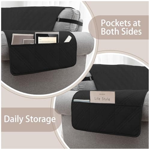 Eusalioy 100% Waterproof Couch Cover for Dogs, Anti-Slip Washable Sofa Cover with Elastic Straps & Side Pockets, Durable Furniture Protector for Kids, Pets & Dogs (Armchair 23", Black) - Thumbnail 3