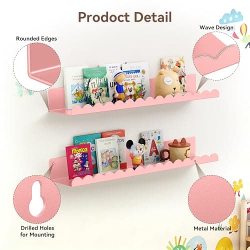 Gattlukd Floating Shelves for Wall, 23 Inch Metal Nursery Book Shelves 4 Pack, Wall Mounted Book Shelf for Kids Room, Bedroom, Bathroom, Playroom Decor (Pink) - Thumbnail 4