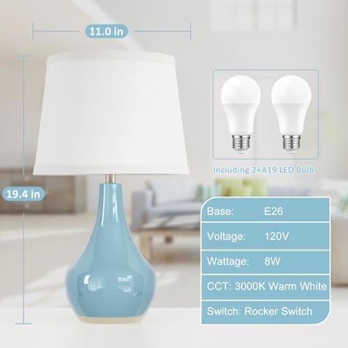 Seealle 19.4" Modern Sky Blue Table Lamp Set of 2-Bedside Lamps for Nightstand, Bedroom Lamp for Living Room Desk End Table Office Guest Room Dresser - Thumbnail 6