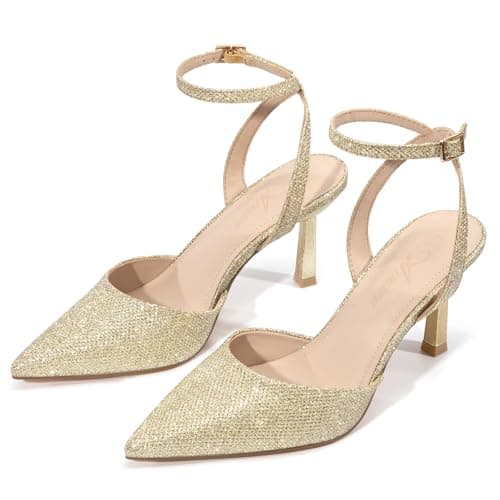 Athlefit Women's Closed Pointed Toe 3 Inch High Heels Ankle Strap Stiletto Heel Wedding Party Dress Pumps Shoes, Gold Glitter Size 9,SAPU2602W - Thumbnail 5
