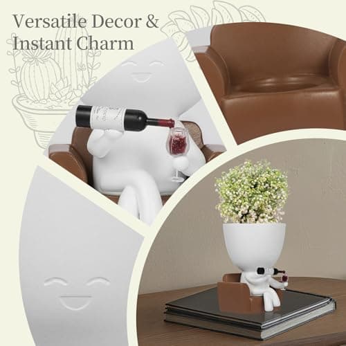 Wnsamoddy Funny Face Planter Pots with Drainage - Resin Head Flower Pot for Indoor Outdoor Succulents Cactus, Unique White Elephant Gifts for Wine & Plant Lovers, Home Office Desk Decor - Thumbnail 5