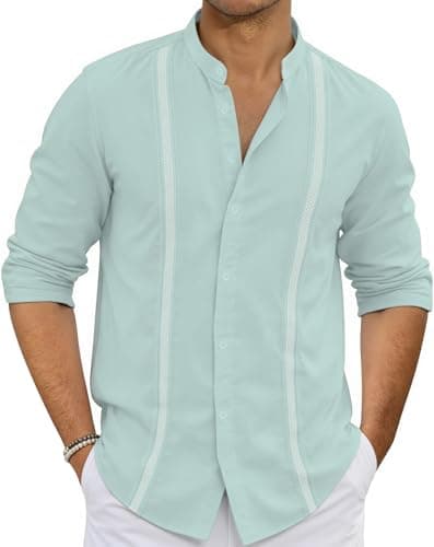 JEKAOYI Mens Linen Shirts Long Sleeve Button Down Shirts Business Dress Clothing Beach Vacation Summer Tops Mint Blue - Thumbnail 2