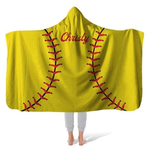 ROSLILY Personalized Softball Hooded Blanket Game Day Custom Hooded Fleece Blanket with Name Softball Wearable Throw Blanket University Team Blanket Gift for Sports Fans Kids Adult Graduation, Yellow - Image 1