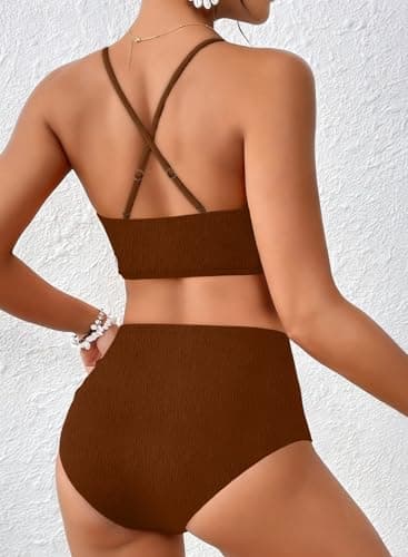 Herseas Women's Cute Textured 2 Piece Bikini Sets Wire Free High Waisted Swim Suits Tie Front 2026 Colorblock Push Up Top Cut Out Ruched Bathing Suit Slimming Cruise Essentials Coffee Small - Thumbnail 2