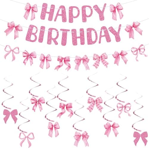 Bow Birthday Party Decorations, Pink Bow Happy Birthday Banner with Cute Bow Hanging Swirls, Bow Party Decorations for Women Girls Birthday Party Supplies - Image 1