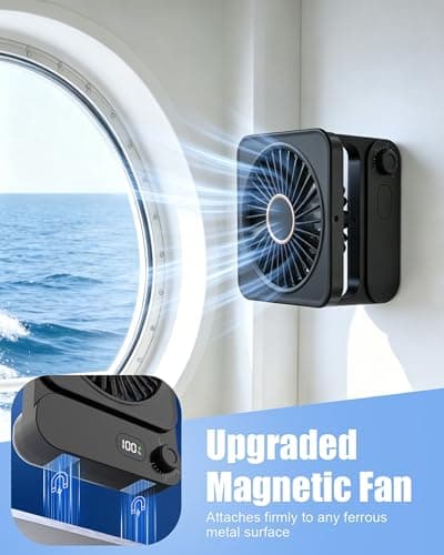 Ehoyal Magnetic Fan for Cruise Ship, 6.7" Ultra Thin Portable Fan with 100 Speeds, 3600mAh Rechargeable, Digital Display, 150° Adjustable, Quiet for Desktop Travel, Camping & Cruise Essentials, Black - Thumbnail 2