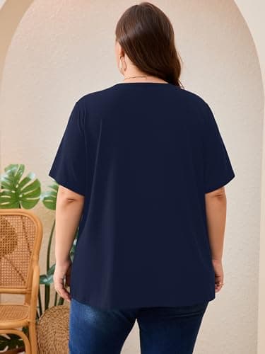 AusLook Plus Size Tunic Tops for Women Pleated Babydoll Blouse Short Sleeve Round Neck Loose Fit Casual Flowy Navy Blue 3X Tunic Shirts Summer Tops to Wear with Leggings - Thumbnail 6