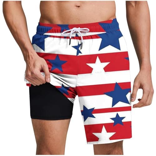 Mens Swim Trunks with Compression Liner - 4Th of July Bathing Suits for Men Quick Dry Elastic Waist Drawstring Swimwear American Flag Print Board Shorts Beachwear Vacation Outfits Summer Clothes - Image 1