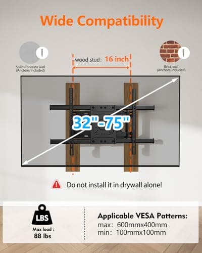 Long Arm TV Wall Mount with 25.6 inch Extension, Corner TV Mount Full Motion Heavy Duty for 32-75''Screens,Max VESA 600x400mm, Shift The Arm Span to Left, Load 88 lbs - Thumbnail 2
