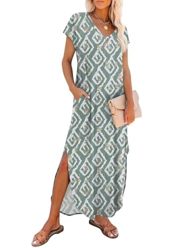 RUMIA Summer Casual Maxi Dresses for Women - V Neck Cap Sleeve Long Sundress with Pockets Beach Vacation - Image 1