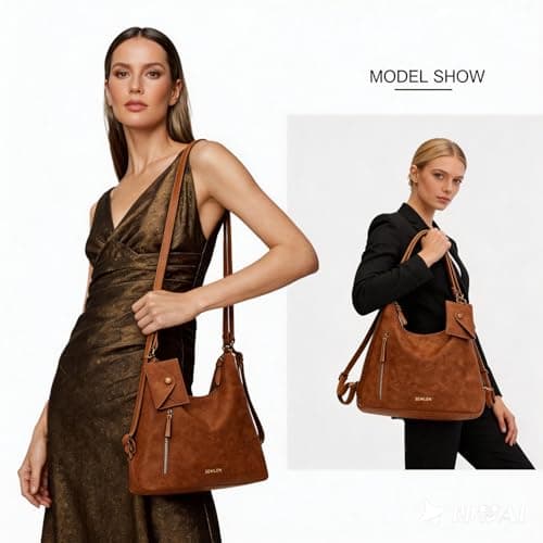 Women Hobo Bag Faux Leather Tote Handbags, Brown - Thumbnail 2