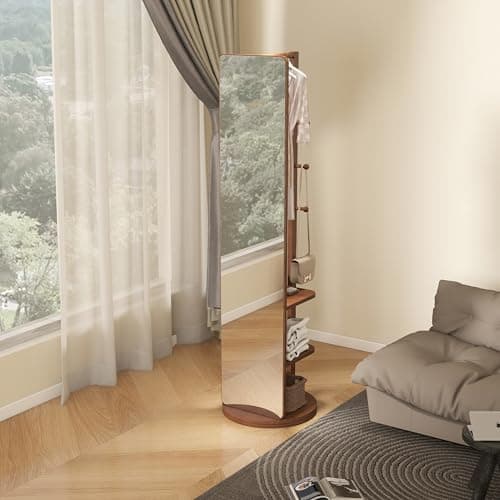 BOWEI Solid Wooden Coat Rack, Free Standing Coat Stand with Full Length mirror, Hall Coat Tree with Hooks and Storage Shelf for Coats, Hats, Bags, for Entryway, Hallway, Bedroom (Walnut) - Thumbnail 3