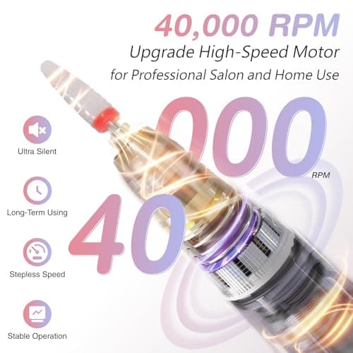 Electric Nail Drill Machine Professional, 40000 RPM Cordless Nail File Low Noise, Portable Rechargeable Nail Drill with Bits Kit for Acrylic Gel Nails Manicure & Removal - Thumbnail 3
