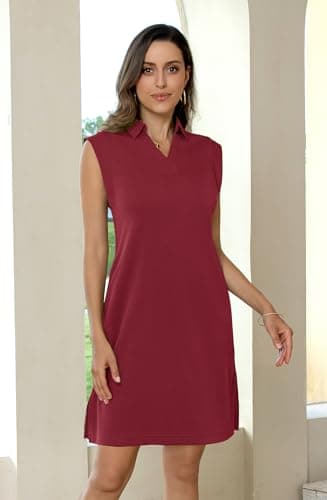 BEXIBOOM Travel Dress with Pockets for Women, Casual Summer T Shirt Dress, V Neck Polo Collared Cap Sleeve Knee Length Loose Fit Dress Burgundy-2XL - Thumbnail 6