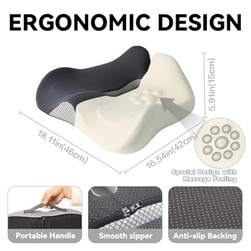 Bangkee 18x16 Inch Grey and Black Memory Foam Seat Cushion for Office Chair, Car Seat and Travel, Contoured Chair Pad with Removable Cover, Non-Slip Bottom and Carry Handle - Thumbnail 3