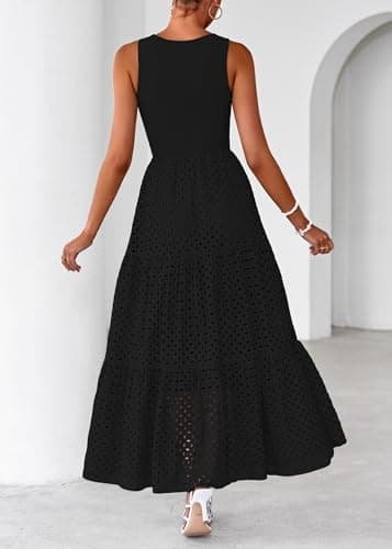 Lazysmile Womens Summer Dresses Crewneck Sleeveless A-Line Hollow Out Eyelet Tiered Tank Maxi Dress Sundress with Pockets Black - Thumbnail 2