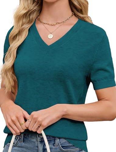 SunnyMelody Womens Wool Sweater V Neck Short Sleeve Lightweight Knit Work Top Fall Spring Summer 2026 Business Casual Outfit Dressy Blouse Shirt Trendy Fashion Clothes Office Teacher Tops Green M - Image 1