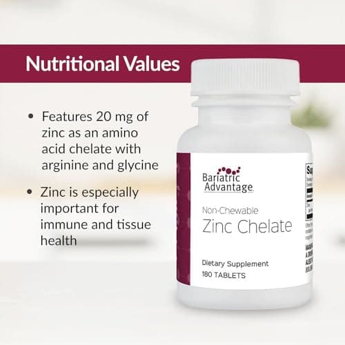 Bariatric Advantage Non Chewable Zinc Chelate - Highly Absorbable - 20 mg Zing Arginine & Glycine - Tablets for Bariatric Surgery Patients - 180 Count - Thumbnail 5