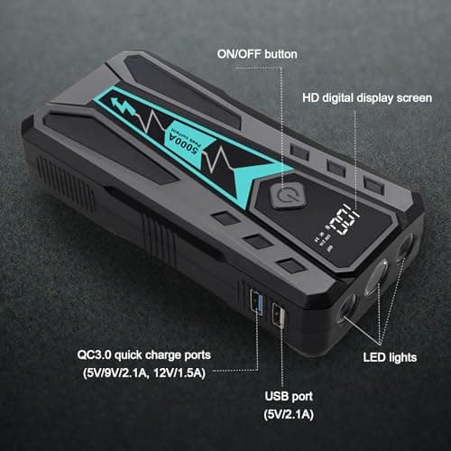 VisualPower 5000A Car Jump Starter Battery Booster Pack, 12000mAh Portable Power Bank for 10.0L Gas/9.0L Diesel Engines with LED Flashlight - Thumbnail 6