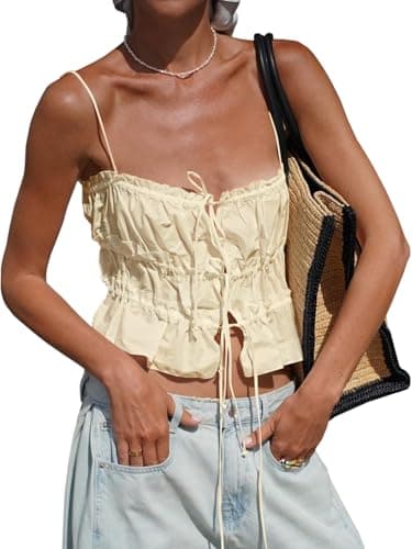 Tankaneo Womens Summer Tie Front Crop Tops Cute Ruffle Ruched Spaghetti Strap Tank Tops Y2K Going Out Shirts Beige - Image 1