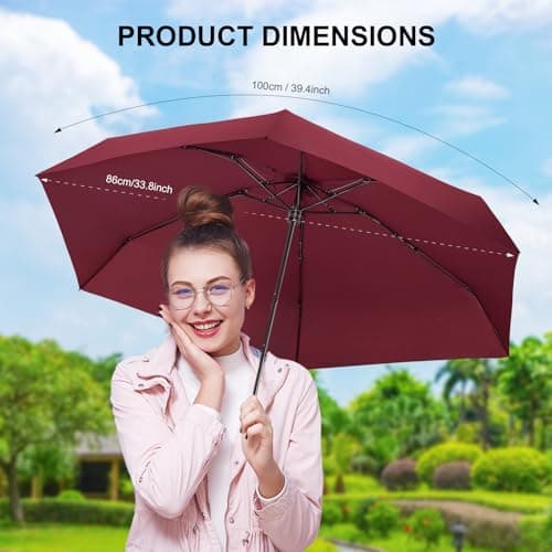 Mini Umbrella with Case for Travel Small Compact Lightweight Wine Red - Thumbnail 2