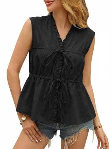 Aotasely Womens Tie Front Peplum Babydoll Tank Tops V Neck Sleeveless Cotton Shirts Casual Cute Summer Bow Ruffle Blouse Black