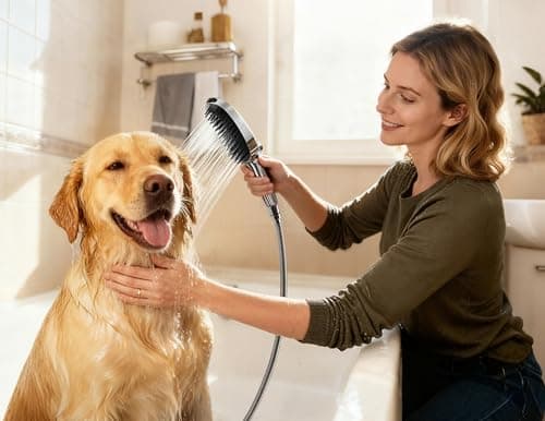 G-Promise 3 Mode Dog Shower Attachment with Pause Mode, Dog shower Sprayer with 100 Inches Hose, Metal Diverter, Adhesive Holder, for Fast and Easy Dog Bathing and Cleaning Indoor and Outdoor(Chrome) - Thumbnail 2