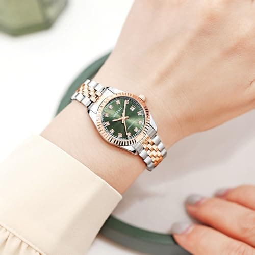 Szaikyri Classic Watch for Women with Solid Stainless Steel Band Ladies Dress Watch Womens Calendar Watch (Rosegold Green) - Thumbnail 2