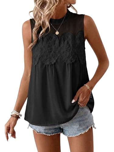 Funlingo Black Lace Blouse for Women Poplin Mesh Babydoll Peplum Tops Crew Neck Flared Swing Fashion Sleeveless Shirt Tank Top Black L - Thumbnail 2