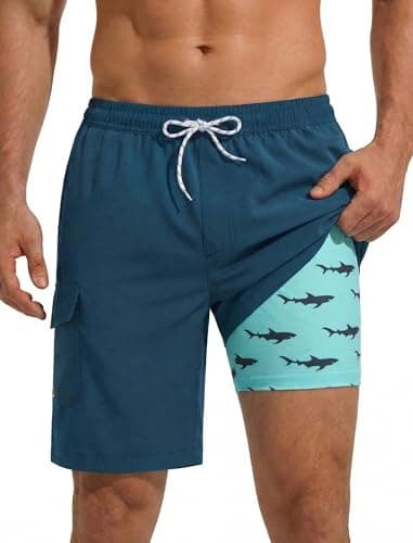 SILKWORLD Swimming Trunks Bathing Swimming Suit for Men Shorts with Compression Liner Beach Wear Aqua Blue Fish XL