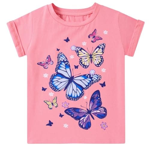 Funnycokid Little Girls Shirt 3T 4T Toddler Pink Tee Butterflies Animal T-Shirt Graphic Short Sleeve Clothes Tops - Image 1