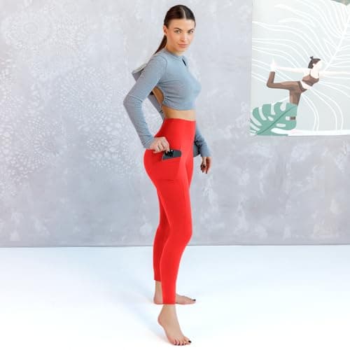 Walifrey Leggings with Pockets for Women, High Waisted Buttery Soft Womens Leggings for Gym Yoga Workout (Red LXL) - Thumbnail 3