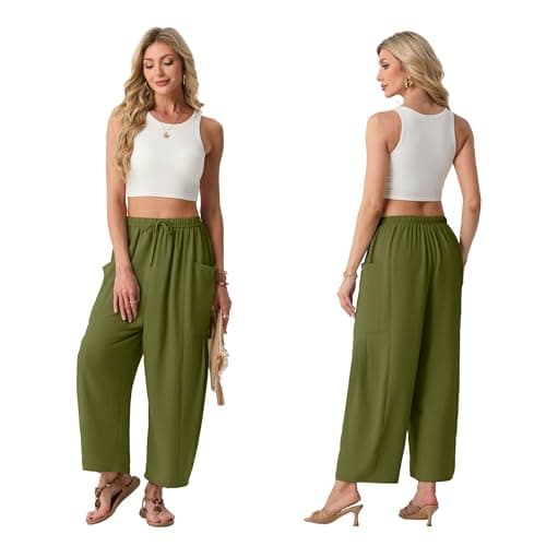 FREEOAK Womens Palazzo Harem Pants Wide Leg Boho Pant Flowy Spring Summer 2026 Beach Vacation Casual Trousers with Pockets Size X-Large A - Army Green - Thumbnail 2