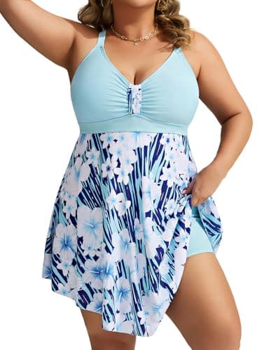 Hanna Nikole One Piece Swim Dress with Shorts for Swimming Pool Padded Push Up Bathing Suit for Summer Light Blue Small - Image 1