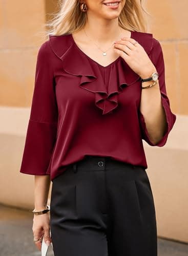Dokotoo Spring Tops for Women 2026 3/4 Sleeve Blouses Trendy Ruffle V Neck Shirts Business Casual Outfits Trendy Work Shirt Women's Chiffon Red Blouses Large - Thumbnail 4