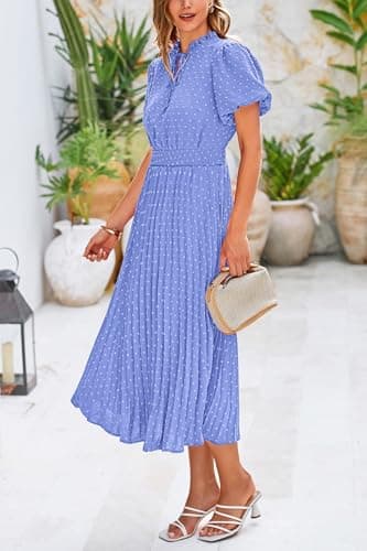 PRETTYGARDEN Summer Dresses for Women Midi Puff Short Sleeve V Neck Swiss Dot Pleated A Line Long Casual Wedding Guest Dress (Light Blue,XX-Large) - Thumbnail 4
