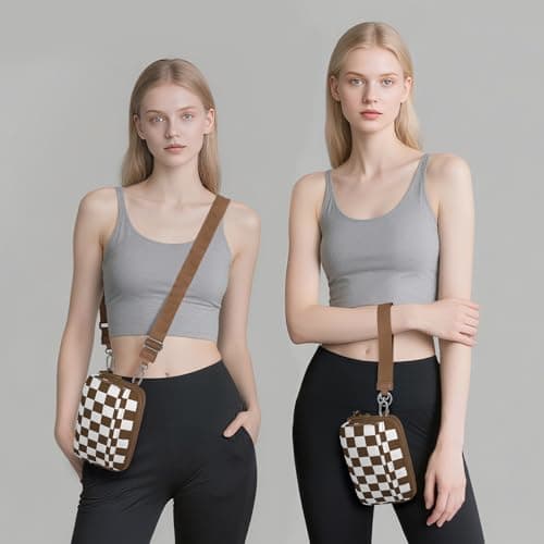 WOOMADA Checkerboard Nylon wristlet wallets for women - Crossbody Bag with Credit Card Holder & Cell Phone Organizer(Caramel Checkerboard) - Thumbnail 2