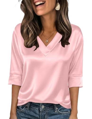 Bakoliza Womens Blouses 3/4 Length Sleeve Woman Tops Dressy Casual Summer Clothes Satin Business Outfits Light Pink - Image 1