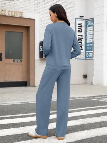 Casly Lamiit Womens Loungewear Set Two Piece Casual Outfits Mock Neck Pullover Tops Wide Leg Sweatpants Sets 2026 Fall Winter Chothes Blue Grey M - Thumbnail 6