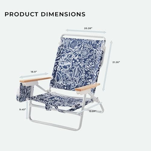 DEER LAND 5-Position Low Beach Chair, Portable Lightweight Folding Beach Chair with Wooden Armrests, Storage Pouch & Carry Strap, Coastal Beach Print – Reef Indigo - Thumbnail 3