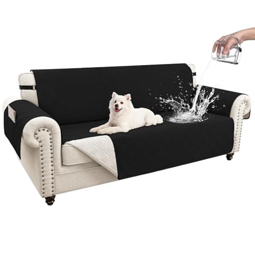 Eusalioy 100% Waterproof Couch Cover for Dogs, Washable Anti-Slip Sofa Cover with Elastic Straps & Side Pockets, Quilted Furniture Protector for Kids & Pets (3 Cushion 68", Black) - Image 1