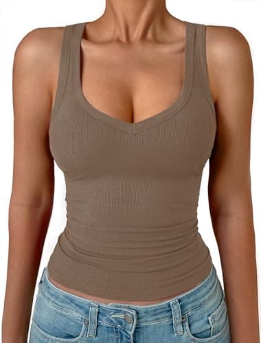 GKBK Womens Sleeveless Tank Top Form Fitting Spaghetti Strap V Neck Ribbed Knit Workout Lounge Basic Slim Fitted Crop Summer 2025 Cami Layering Casual Shirts Brown S - Image 1