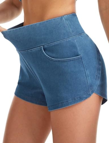 THE GYM PEOPLE Women's High Waisted Jean Shorts Stretchy Pull On Side Slit Denim Short with Pockets - Image 1