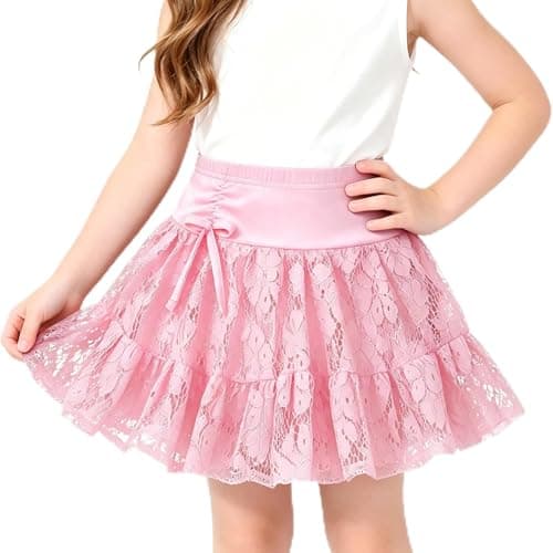 Toddler Girl Tennis Skirt,Girls High Waisted Lace Sports Skorts,Athletic Skirt Inner Shorts,for Fitness,Golf,Running,Cheer,Pink 7Y-8Y - Image 1