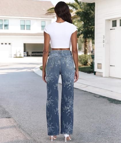 MARIASHA Jeans for Women New Flared Leg Stretch High Wasited Printed Pocket Pants Embroidery Print Blue 3XL - Thumbnail 4