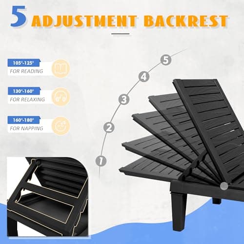 NBYSGO Outdoor Lounge Chairs Set of 2, 5-Position Adjustable Tanning Chairs with Wood Grain, All-Weather Resin Patio Recliners for Pool, Garden, Deck, Beach, Patio Lounge Chairs, Texture Black - Thumbnail 4