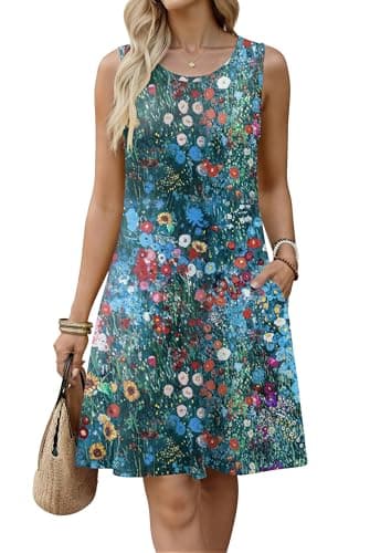 Zeagoo Summer Tank Dress Short Sundresses for Women Sleeveless Summer Dresses 2026 Pleated Loose Swing Aline Dress Floral Boho Sundress 0-Neck Mini Dresses with Pockets Colorful - Thumbnail 2