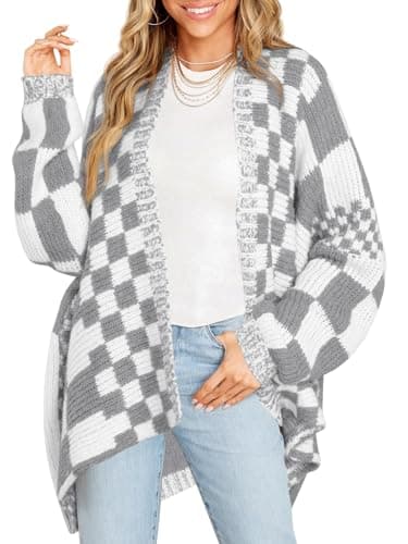 Saodimallsu Womens Checkered Sweater Color Block Plaid Cardigans Oversized Long Sleeve Knit Open Front Coats Grey - Image 1